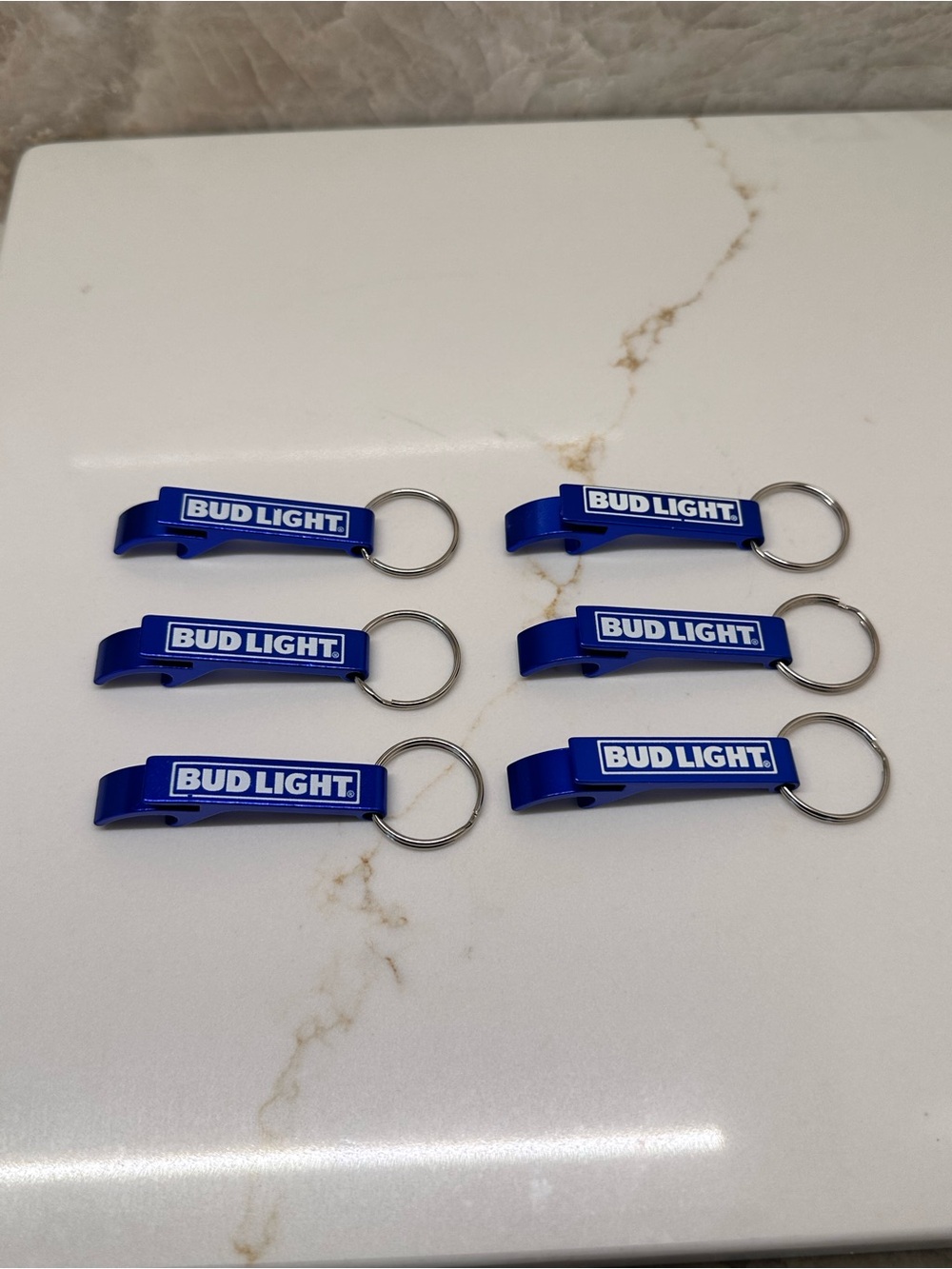 Bud Light Blue Bottle Opener Keychain Set of 6 NWOT